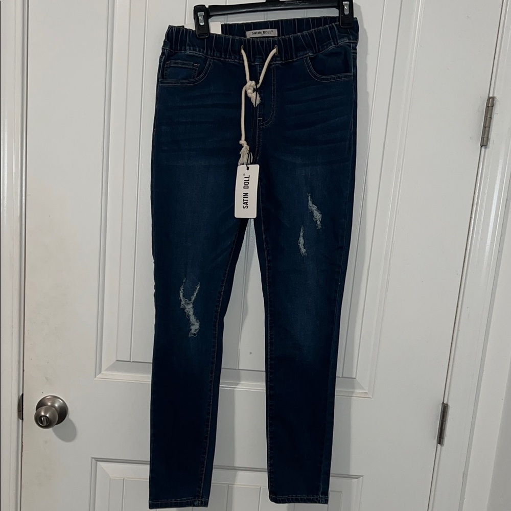 Satin Dolls Navy Skinny Jeans with Distressed Accents
